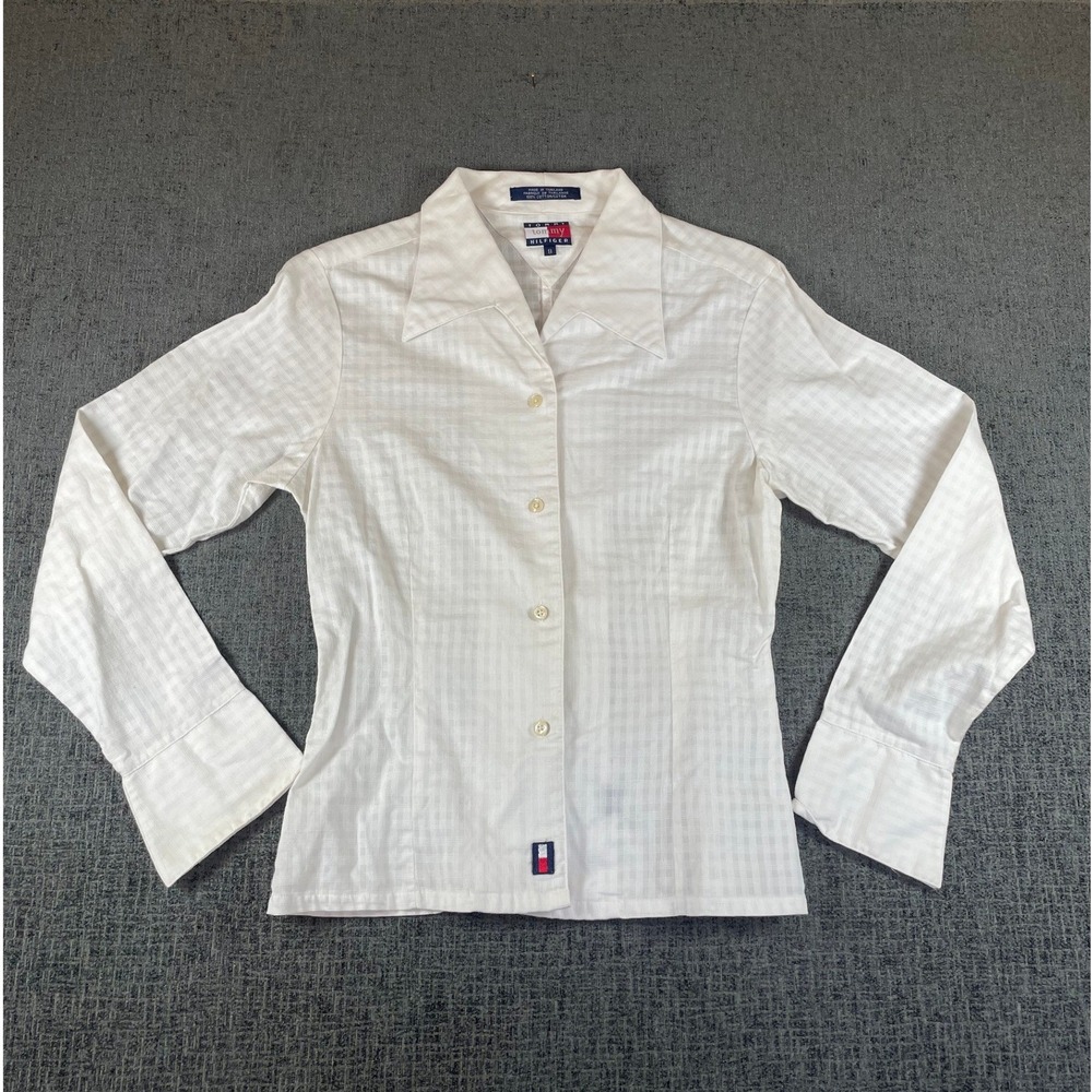 Tommy Hilfiger White Cotton Grid Button Down Shirt Womens Size 8 Long Sleeve